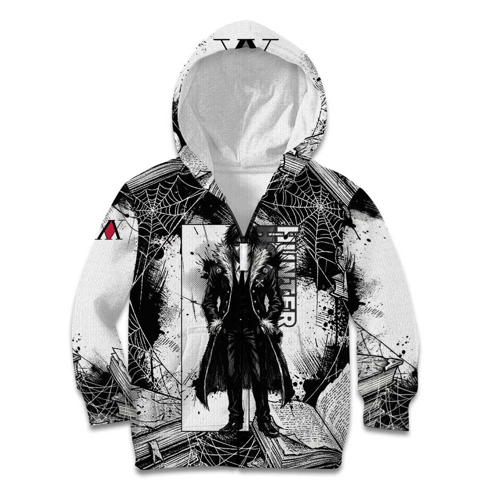 Chrollo Lucilfer Gothic Style Kid Hoodie with Spider Webs, Grimoire Illustration and Monochrome Design - The Mazicc