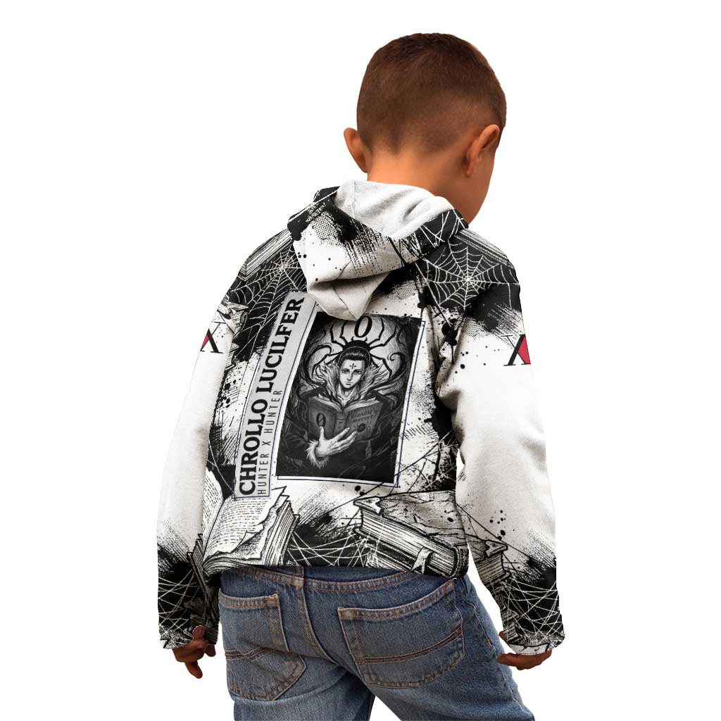 Chrollo Lucilfer Gothic Style Kid Hoodie with Spider Webs, Grimoire Illustration and Monochrome Design - The Mazicc