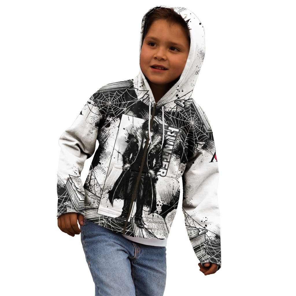 Chrollo Lucilfer Gothic Style Kid Hoodie with Spider Webs, Grimoire Illustration and Monochrome Design - The Mazicc