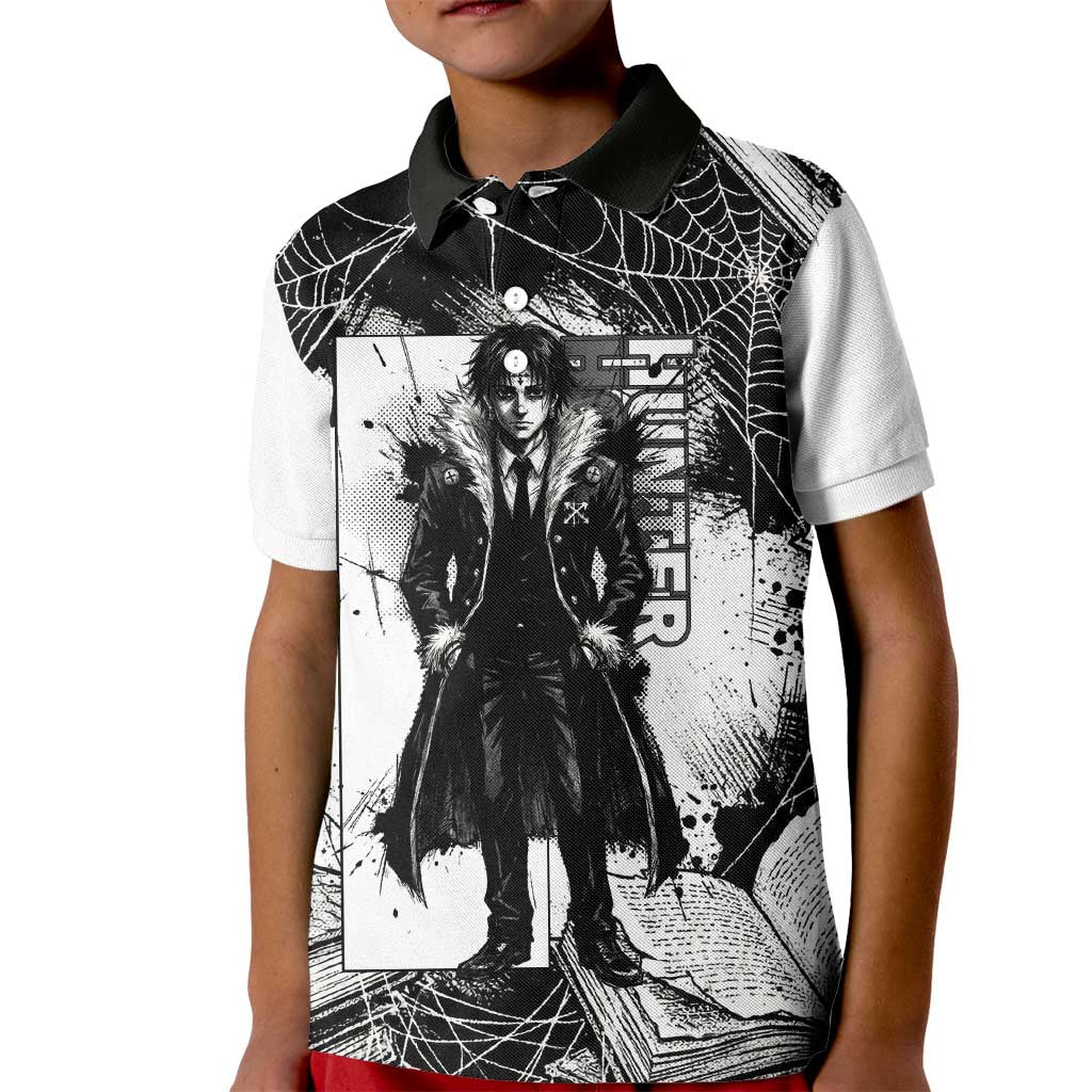 Chrollo Lucilfer Gothic Style Kid Polo Shirt with Spider Webs, Grimoire Illustration and Monochrome Design - The Mazicc