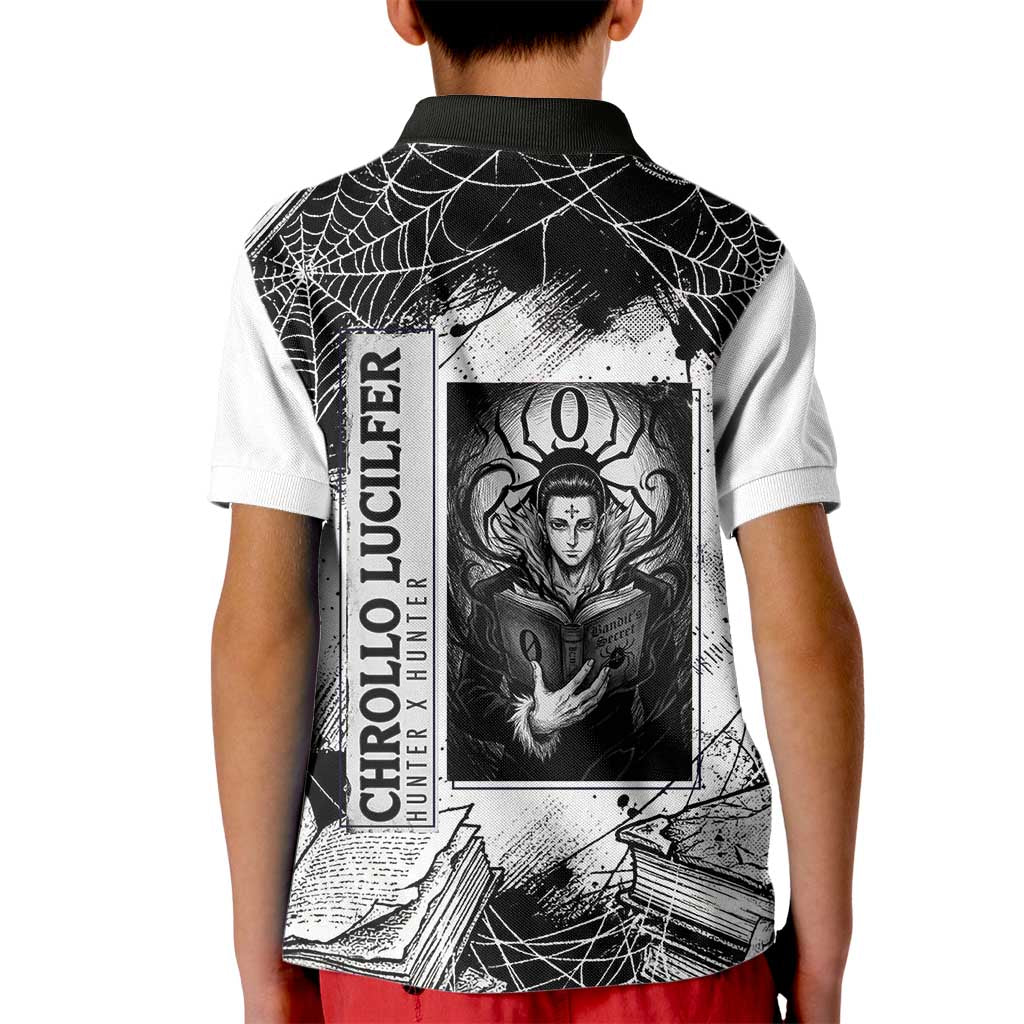 Chrollo Lucilfer Gothic Style Kid Polo Shirt with Spider Webs, Grimoire Illustration and Monochrome Design - The Mazicc