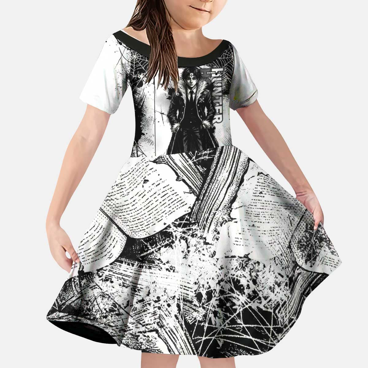 Chrollo Lucilfer Gothic Style Kid Short Sleeve Dress with Spider Webs, Grimoire Illustration and Monochrome Design - The Mazicc