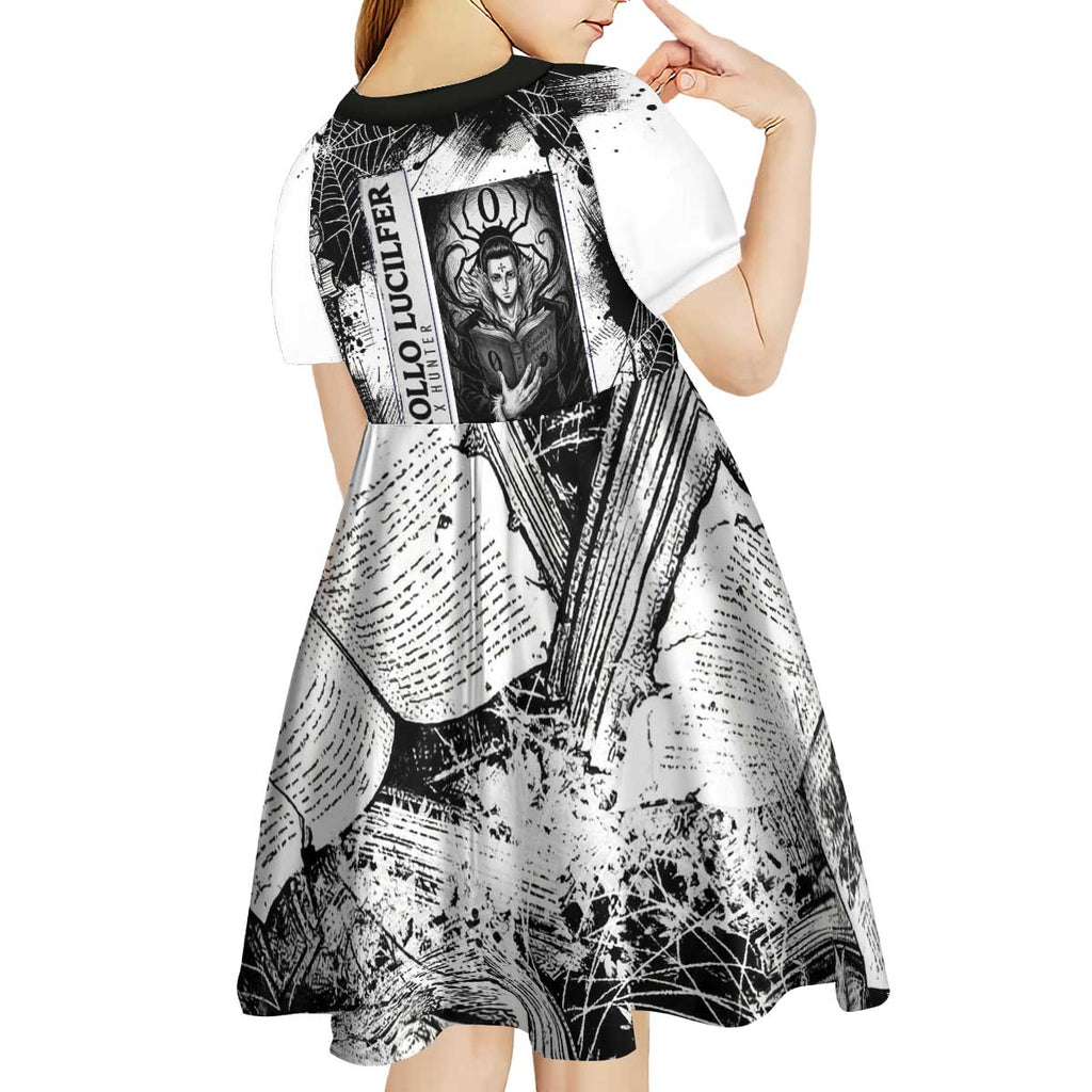Chrollo Lucilfer Gothic Style Kid Short Sleeve Dress with Spider Webs, Grimoire Illustration and Monochrome Design - The Mazicc