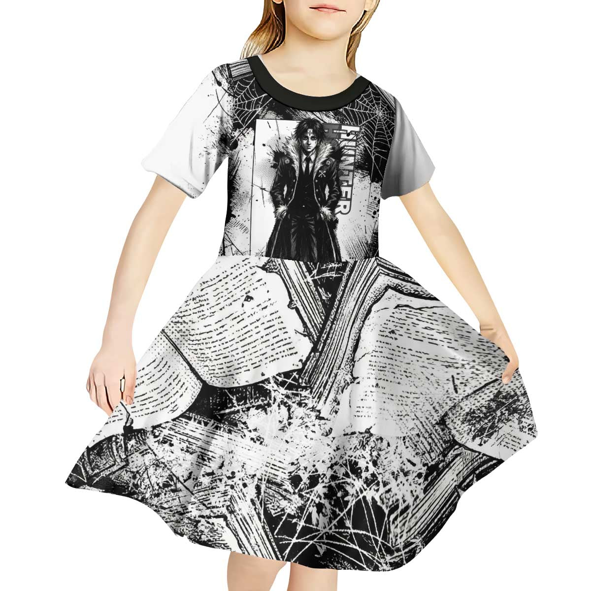 Chrollo Lucilfer Gothic Style Kid Short Sleeve Dress with Spider Webs, Grimoire Illustration and Monochrome Design - The Mazicc