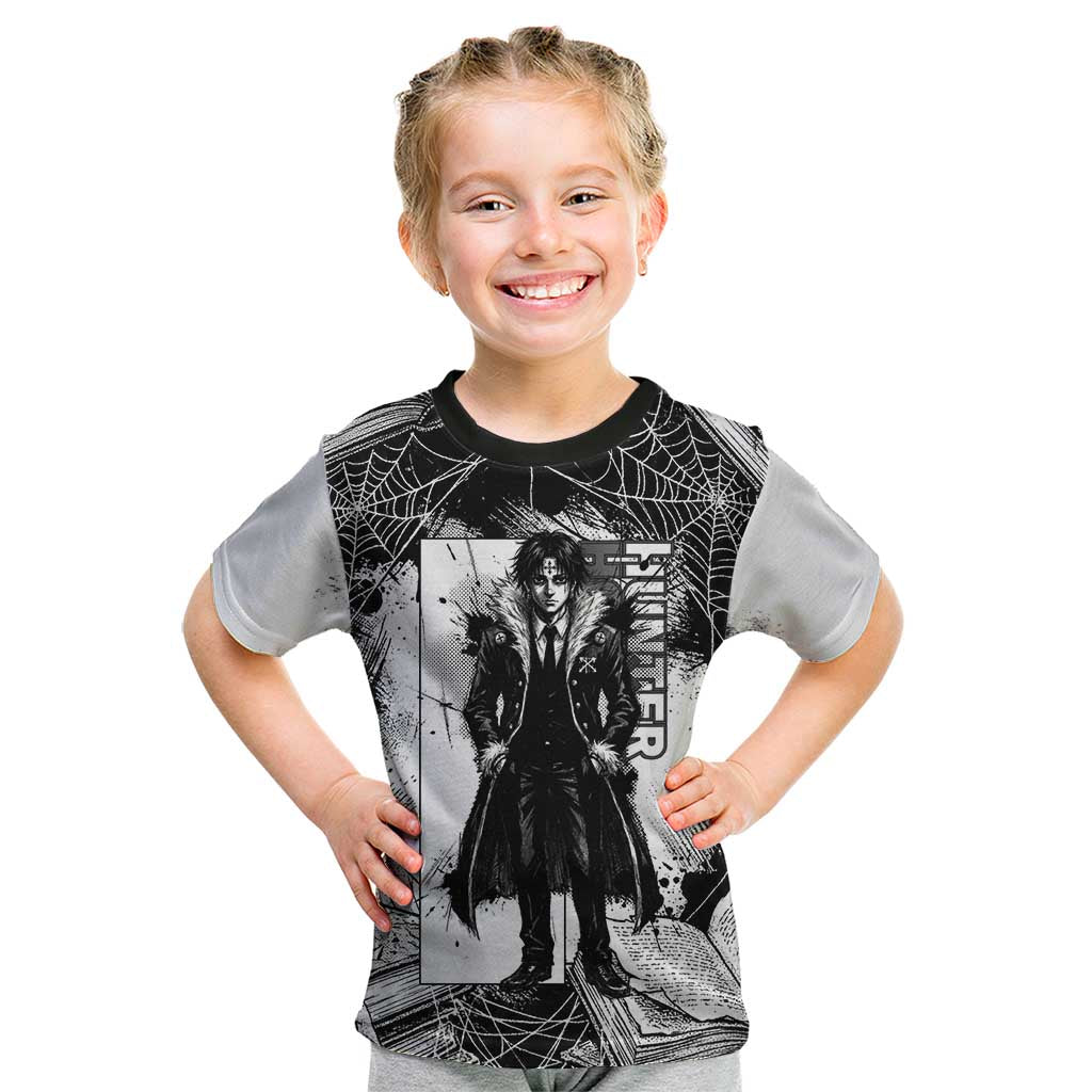 Chrollo Lucilfer Gothic Style Kid T Shirt with Spider Webs, Grimoire Illustration and Monochrome Design - The Mazicc