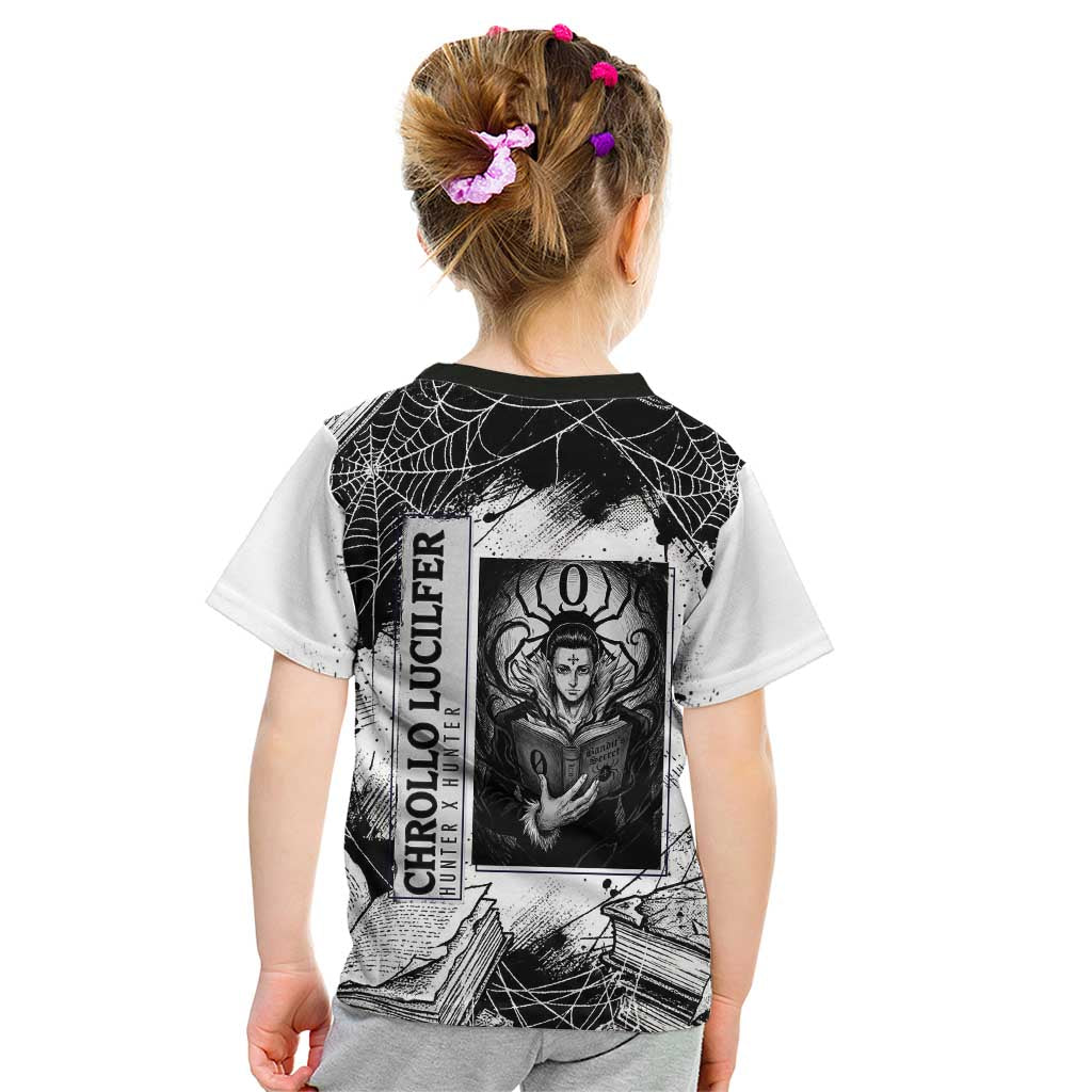 Chrollo Lucilfer Gothic Style Kid T Shirt with Spider Webs, Grimoire Illustration and Monochrome Design - The Mazicc