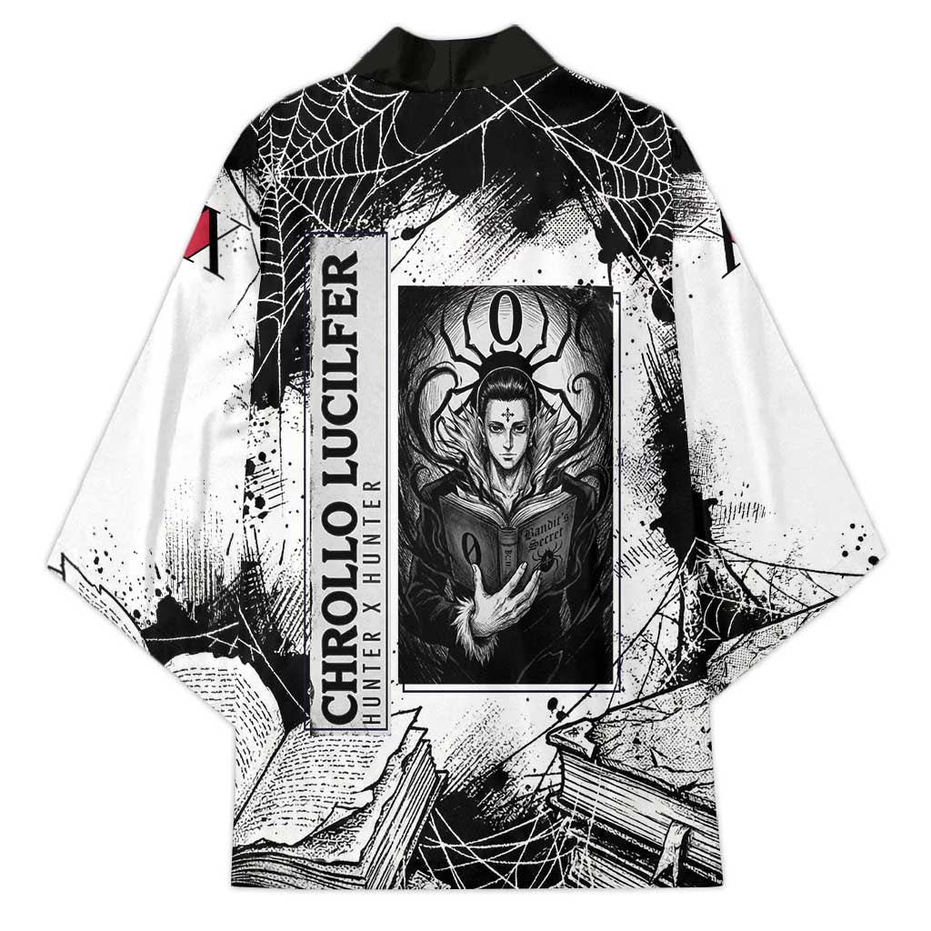 Chrollo Lucilfer Gothic Style Kimono with Spider Webs, Grimoire Illustration and Monochrome Design - The Mazicc