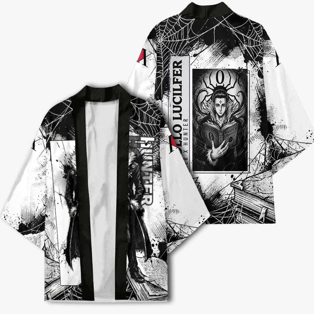 Chrollo Lucilfer Gothic Style Kimono with Spider Webs, Grimoire Illustration and Monochrome Design - The Mazicc