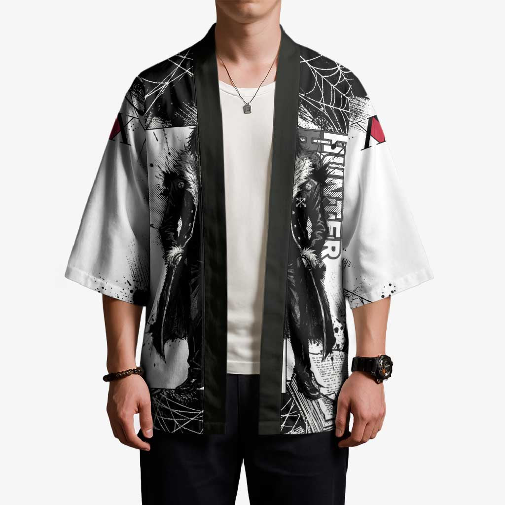 Chrollo Lucilfer Gothic Style Kimono with Spider Webs, Grimoire Illustration and Monochrome Design - The Mazicc