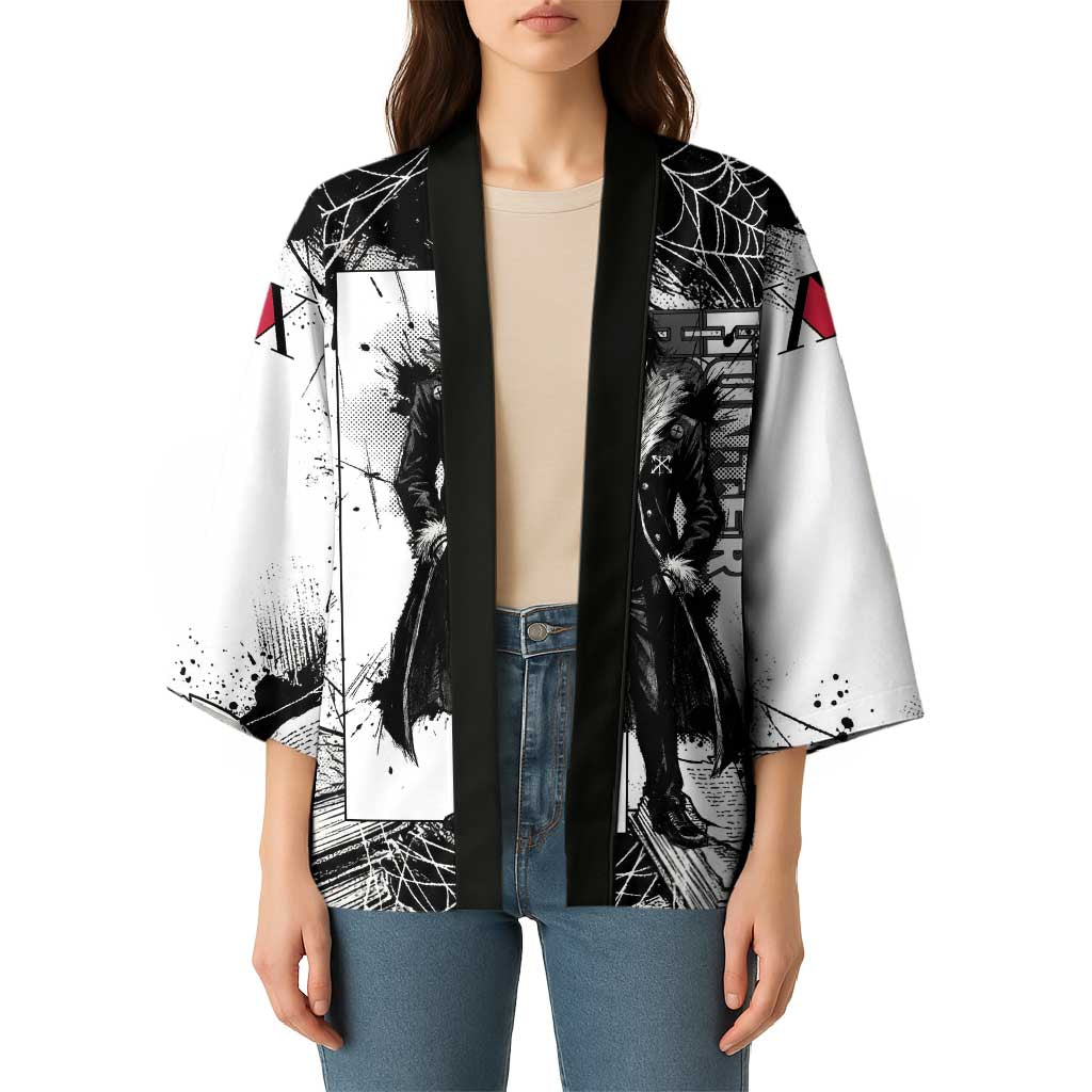 Chrollo Lucilfer Gothic Style Kimono with Spider Webs, Grimoire Illustration and Monochrome Design - The Mazicc