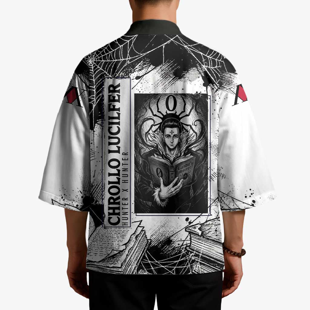 Chrollo Lucilfer Gothic Style Kimono with Spider Webs, Grimoire Illustration and Monochrome Design - The Mazicc