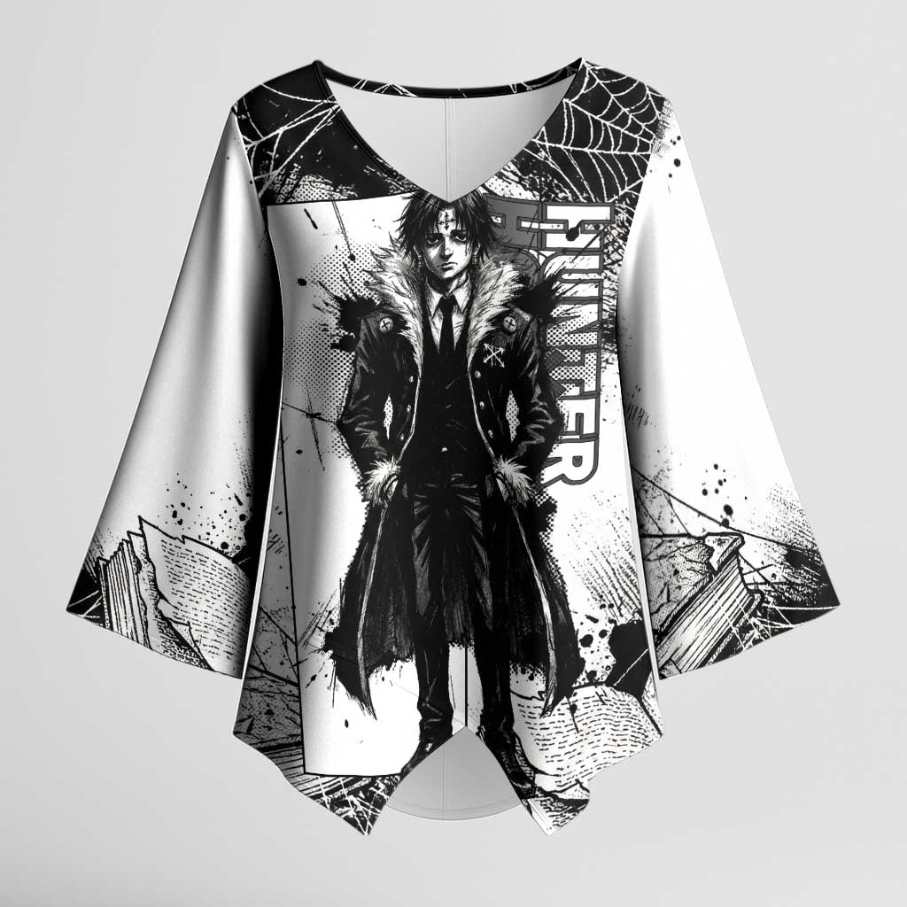 Chrollo Lucilfer Gothic Style Kimono Sleeve Blouse with Spider Webs, Grimoire Illustration and Monochrome Design - The Mazicc
