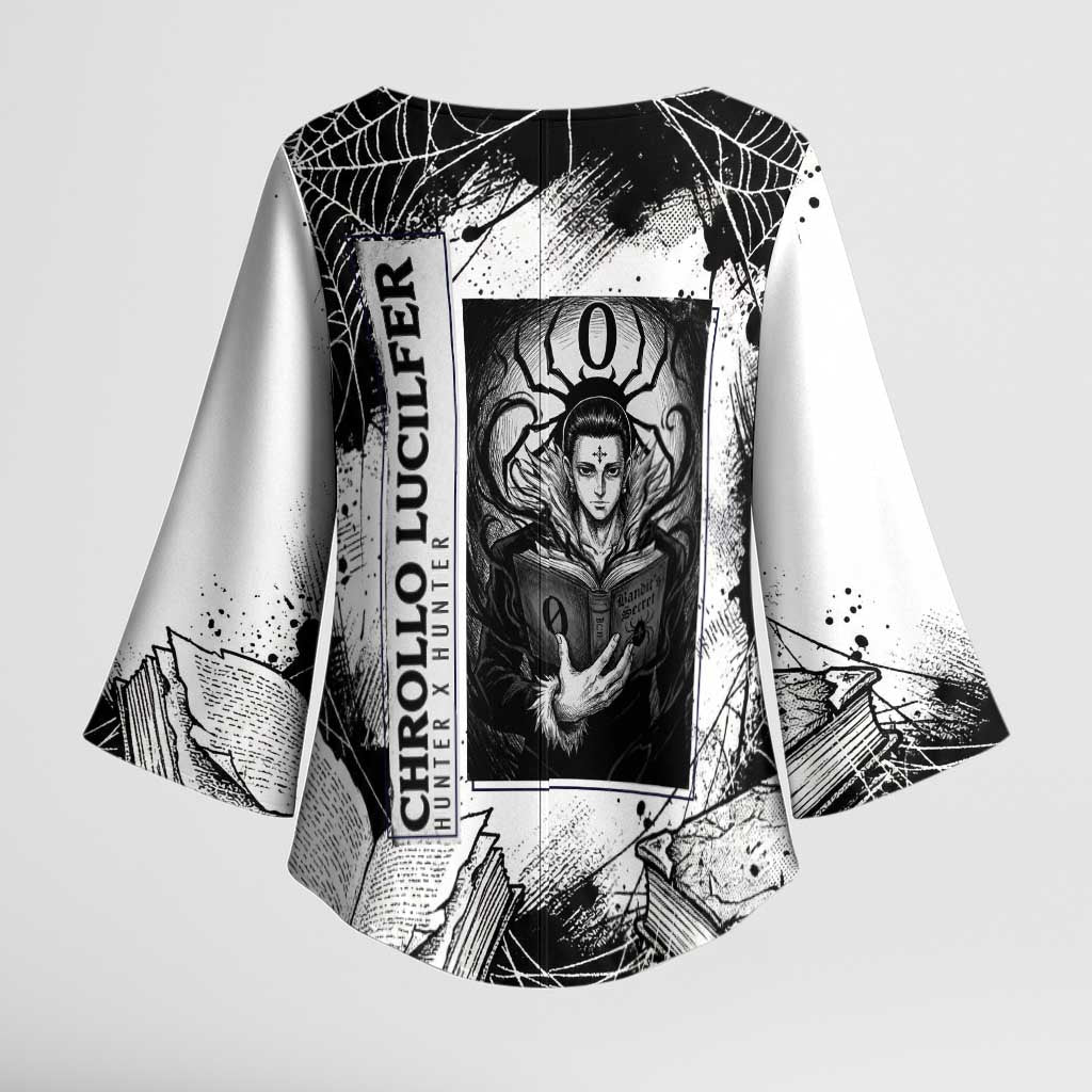 Chrollo Lucilfer Gothic Style Kimono Sleeve Blouse with Spider Webs, Grimoire Illustration and Monochrome Design - The Mazicc