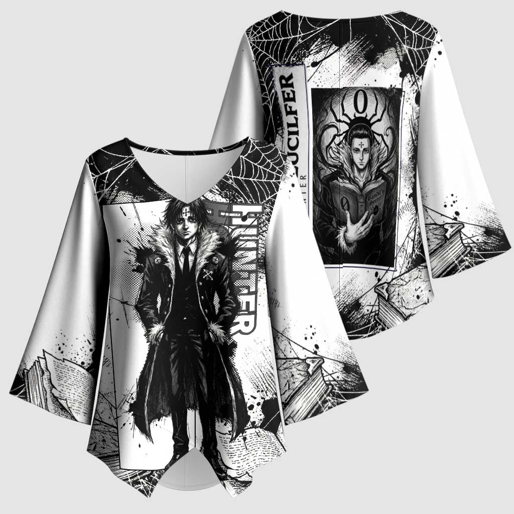 Chrollo Lucilfer Gothic Style Kimono Sleeve Blouse with Spider Webs, Grimoire Illustration and Monochrome Design - The Mazicc