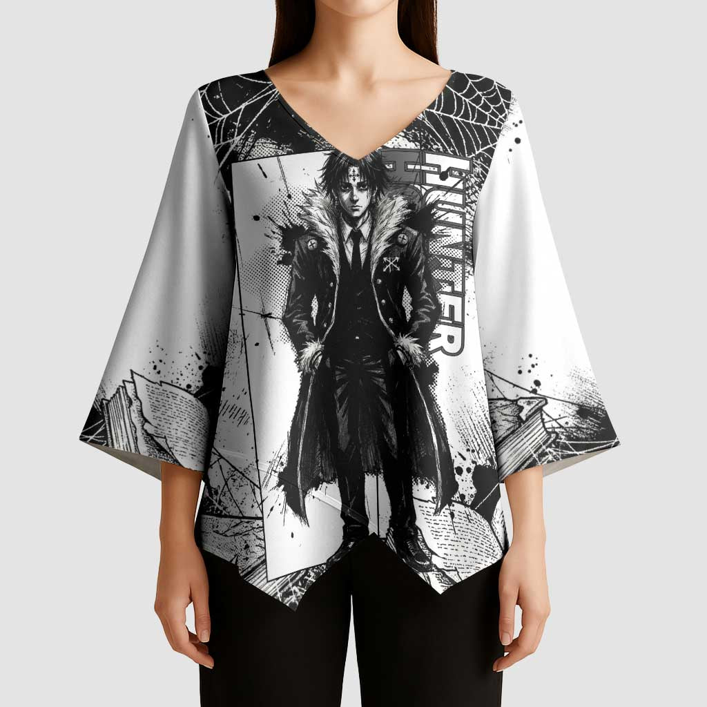 Chrollo Lucilfer Gothic Style Kimono Sleeve Blouse with Spider Webs, Grimoire Illustration and Monochrome Design - The Mazicc