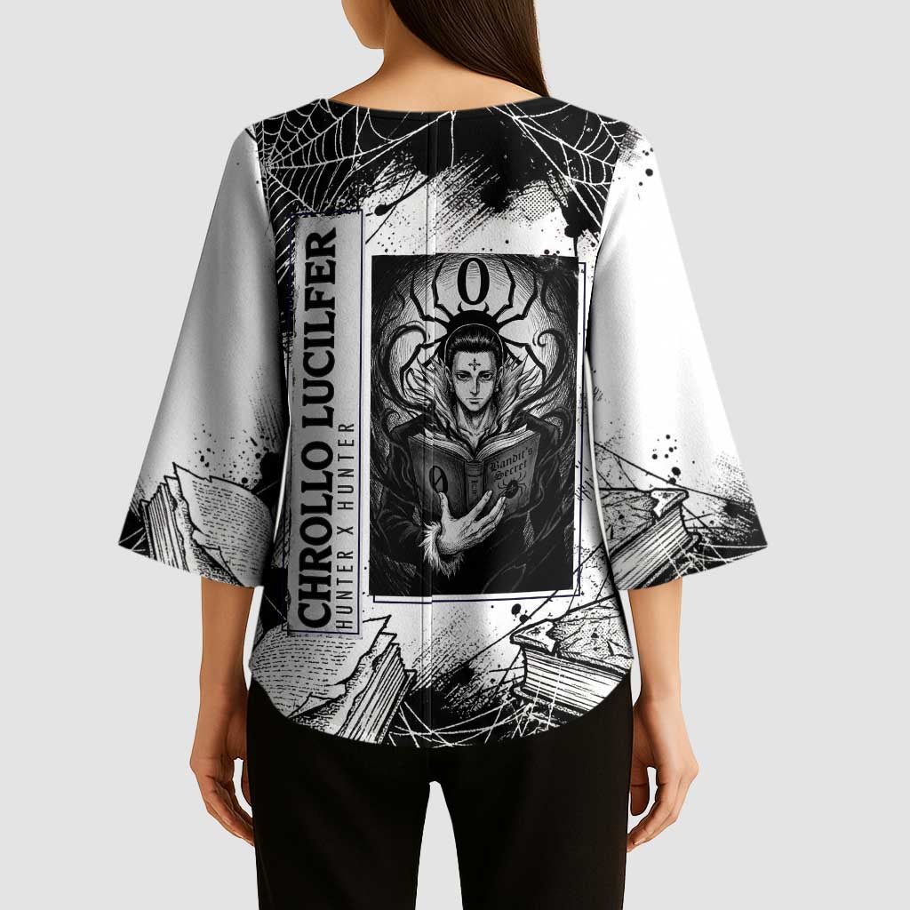 Chrollo Lucilfer Gothic Style Kimono Sleeve Blouse with Spider Webs, Grimoire Illustration and Monochrome Design - The Mazicc