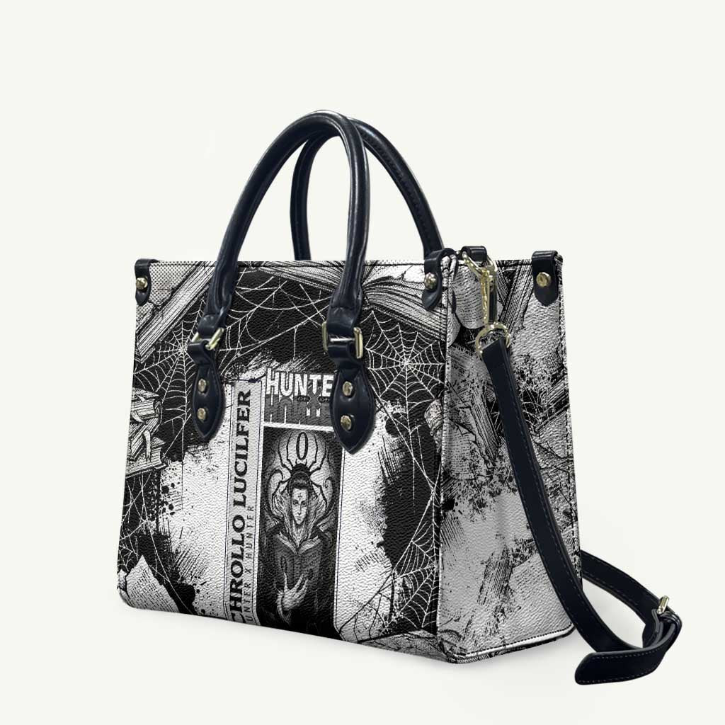 Chrollo Lucilfer Gothic Style Leather Bag with Spider Webs, Grimoire Illustration and Monochrome Design - The Mazicc