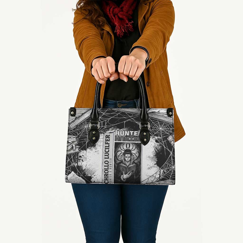 Chrollo Lucilfer Gothic Style Leather Bag with Spider Webs, Grimoire Illustration and Monochrome Design - The Mazicc