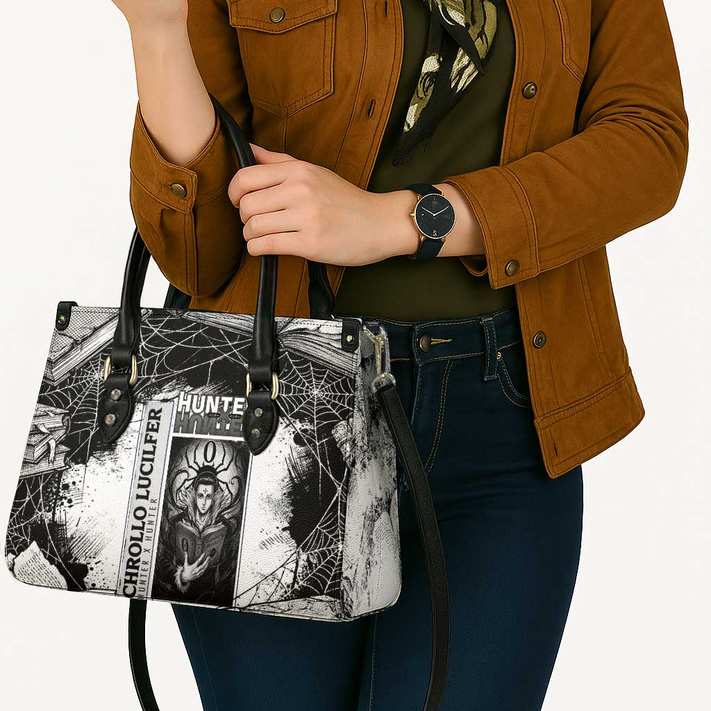 Chrollo Lucilfer Gothic Style Leather Bag with Spider Webs, Grimoire Illustration and Monochrome Design - The Mazicc