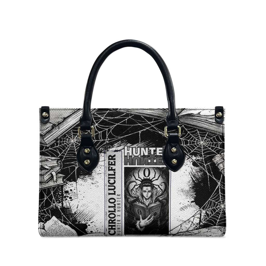 Chrollo Lucilfer Gothic Style Leather Bag with Spider Webs, Grimoire Illustration and Monochrome Design - The Mazicc