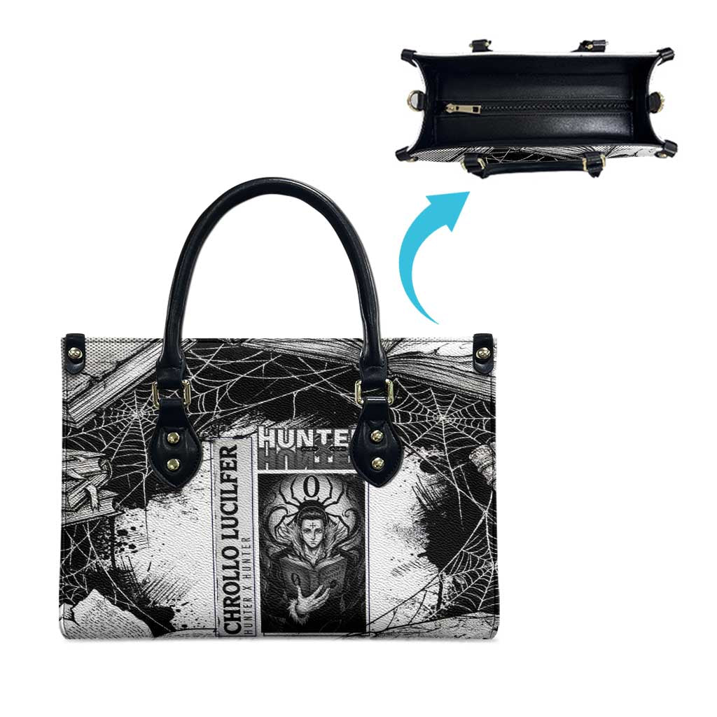Chrollo Lucilfer Gothic Style Leather Bag with Spider Webs, Grimoire Illustration and Monochrome Design - The Mazicc