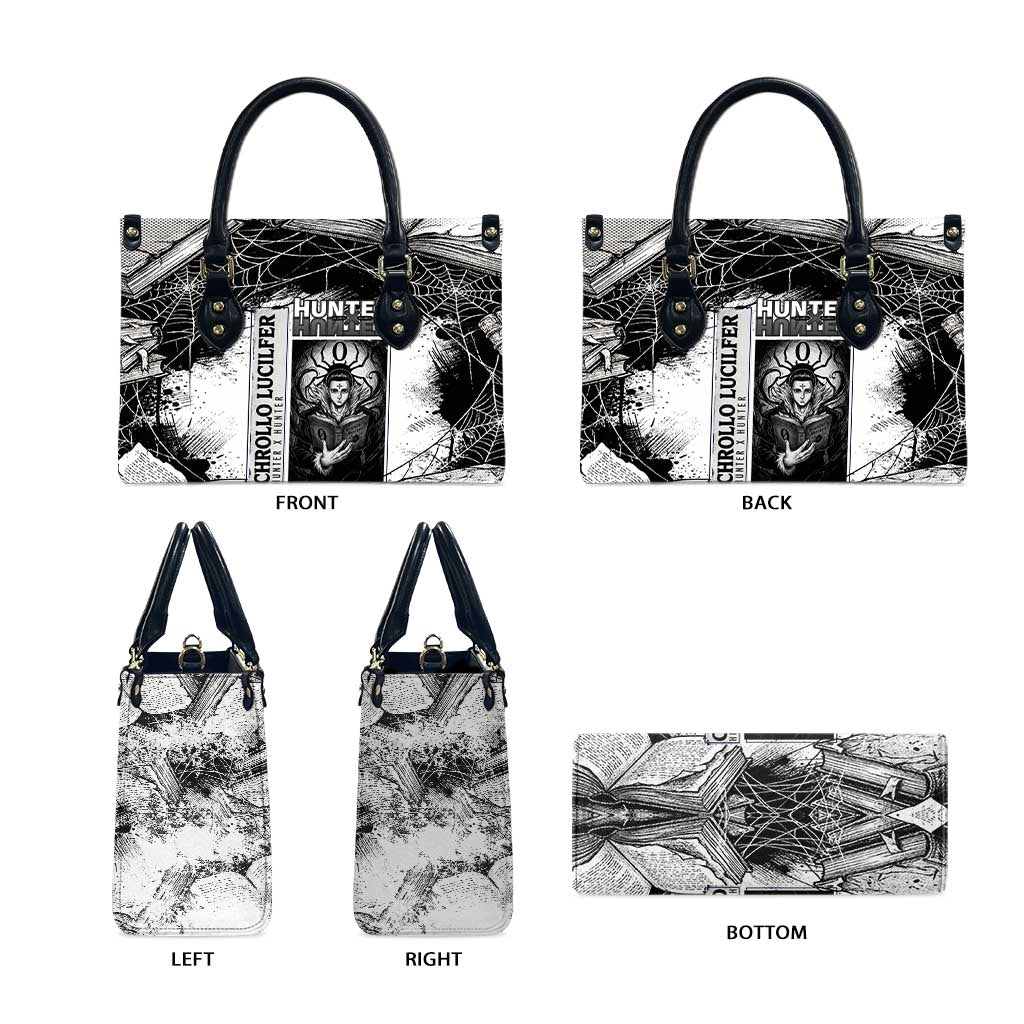 Chrollo Lucilfer Gothic Style Leather Bag with Spider Webs, Grimoire Illustration and Monochrome Design - The Mazicc