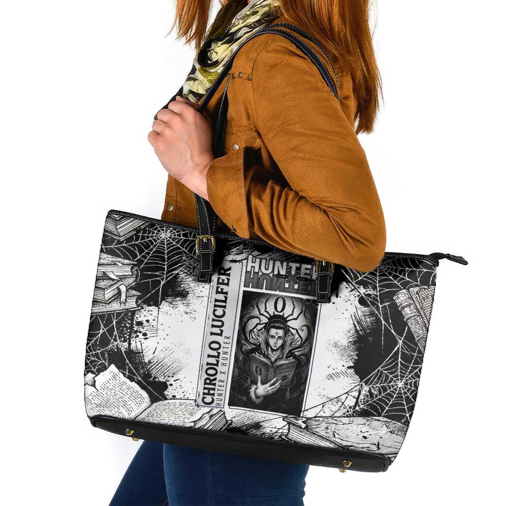 Chrollo Lucilfer Gothic Style Leather Tote Bag with Spider Webs, Grimoire Illustration and Monochrome Design - The Mazicc