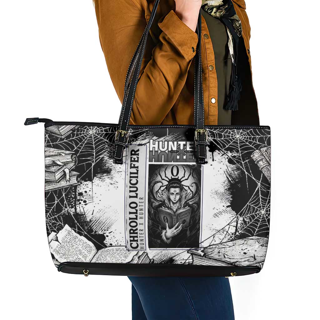 Chrollo Lucilfer Gothic Style Leather Tote Bag with Spider Webs, Grimoire Illustration and Monochrome Design - The Mazicc