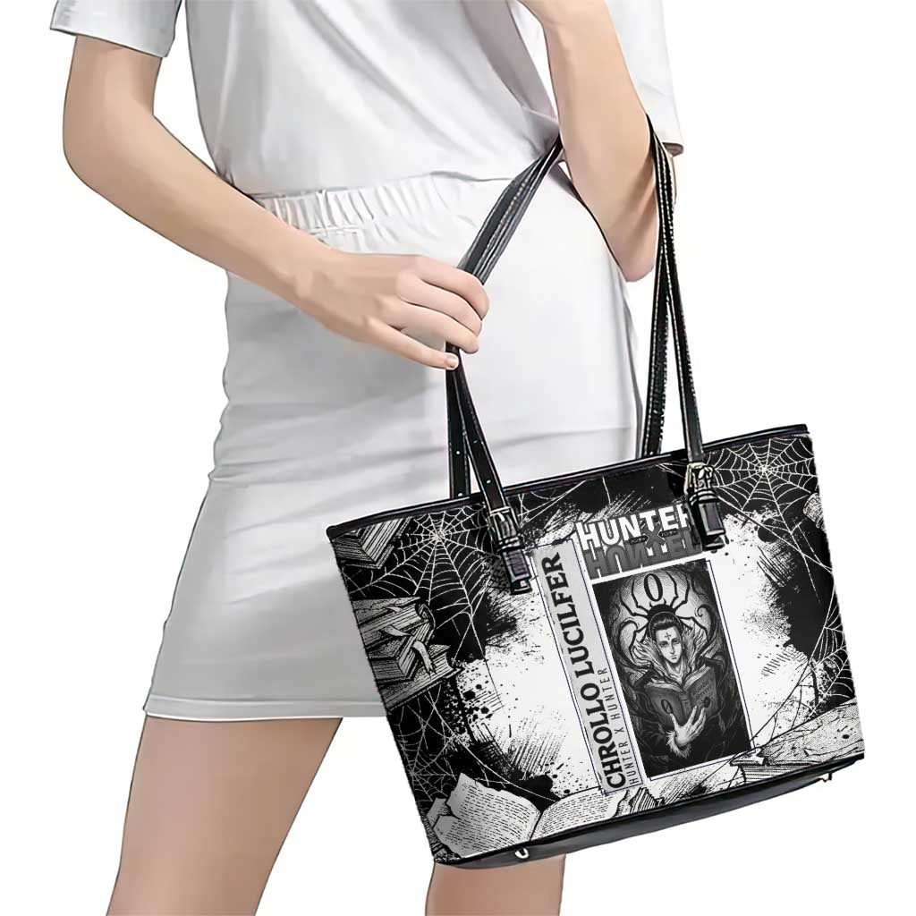 Chrollo Lucilfer Gothic Style Leather Tote Bag with Spider Webs, Grimoire Illustration and Monochrome Design - The Mazicc