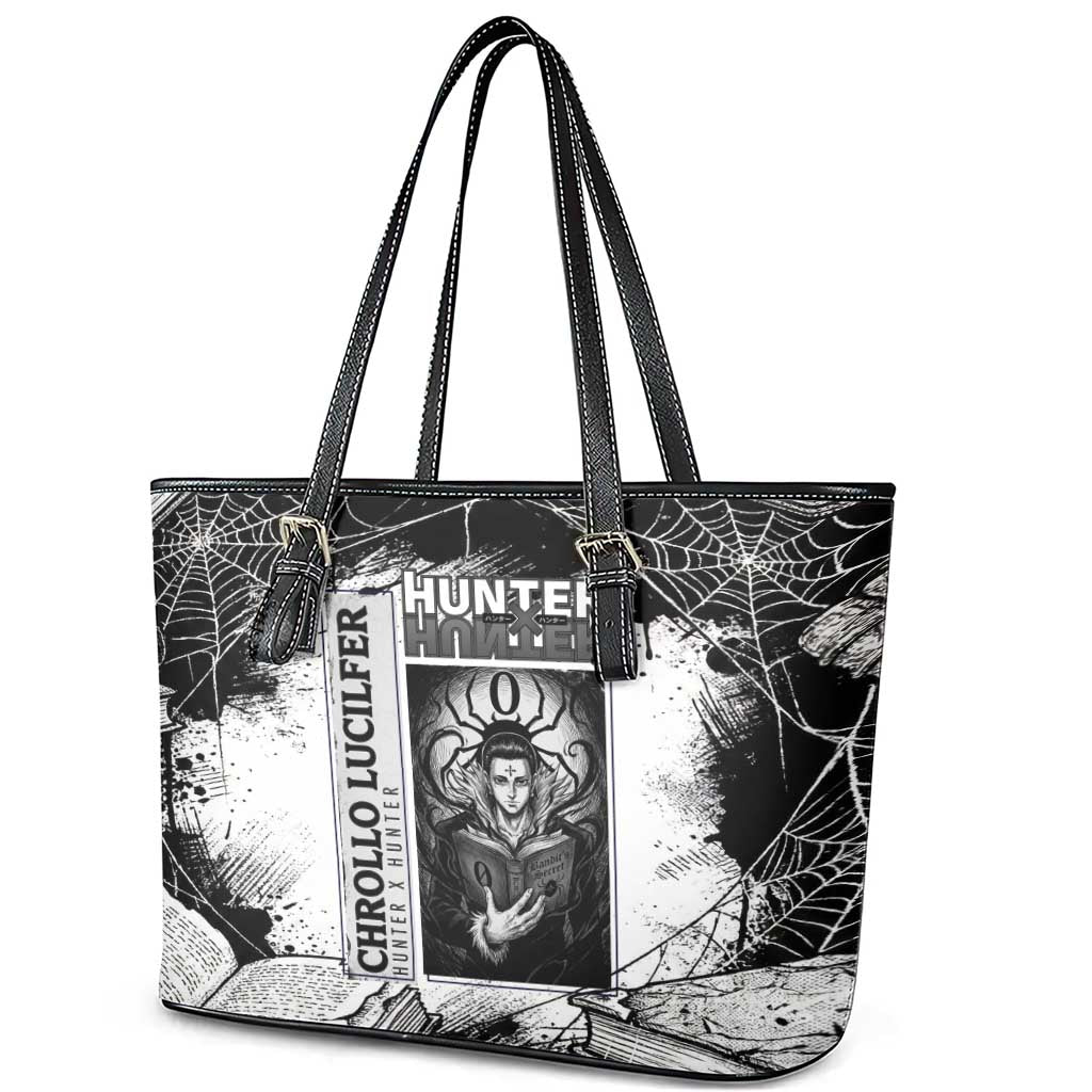 Chrollo Lucilfer Gothic Style Leather Tote Bag with Spider Webs, Grimoire Illustration and Monochrome Design - The Mazicc