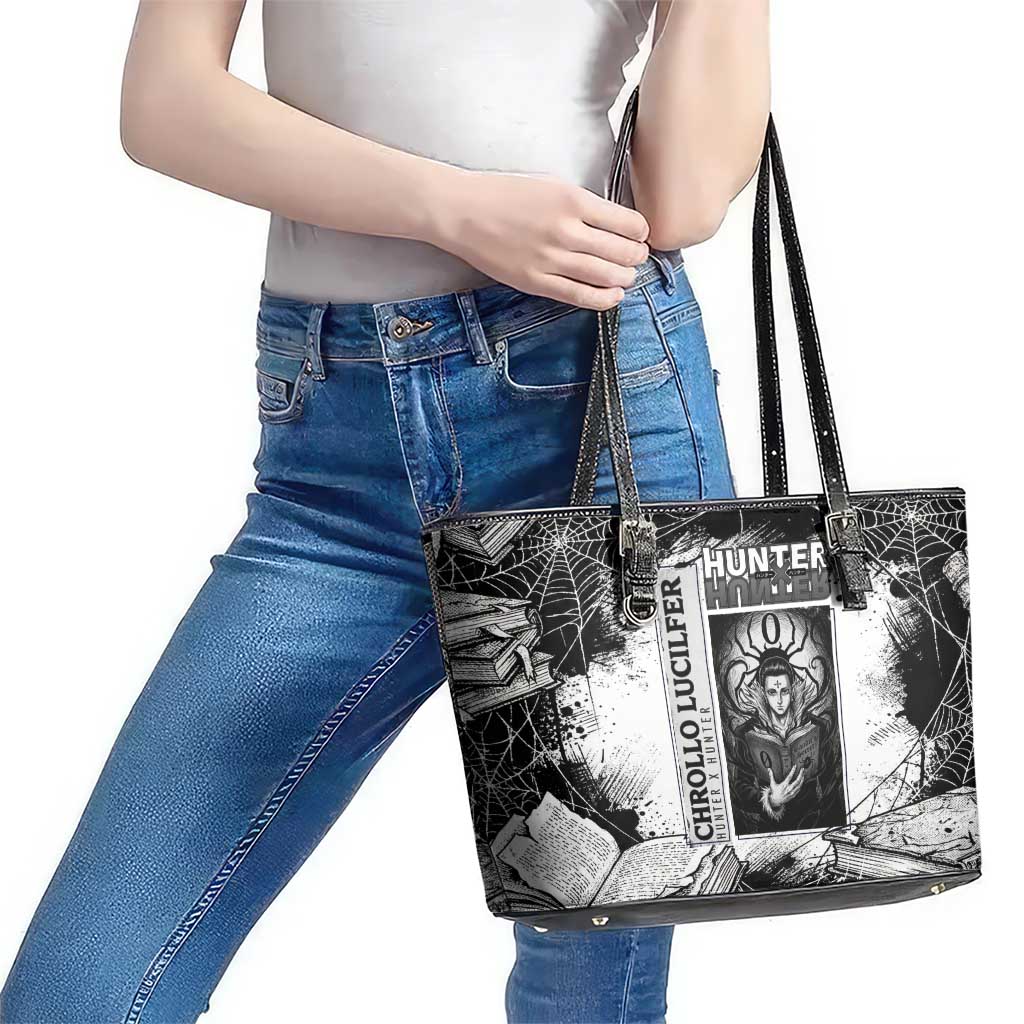 Chrollo Lucilfer Gothic Style Leather Tote Bag with Spider Webs, Grimoire Illustration and Monochrome Design - The Mazicc