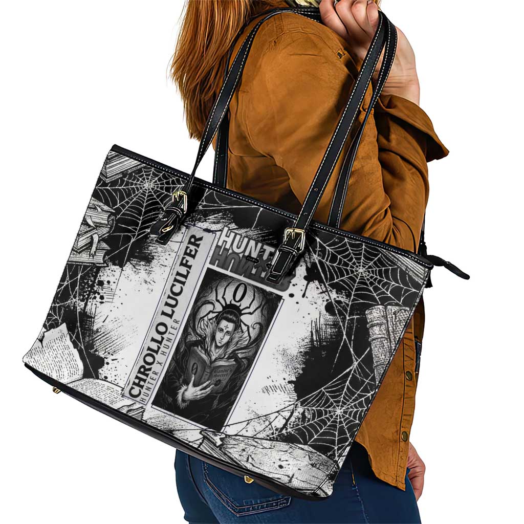 Chrollo Lucilfer Gothic Style Leather Tote Bag with Spider Webs, Grimoire Illustration and Monochrome Design - The Mazicc