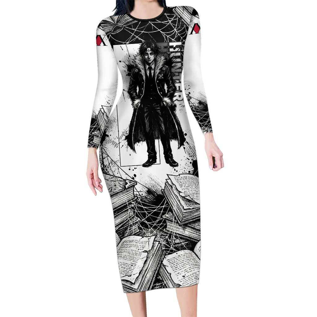 Chrollo Lucilfer Gothic Style Long Sleeve Bodycon Dress with Spider Webs, Grimoire Illustration and Monochrome Design - The Mazicc