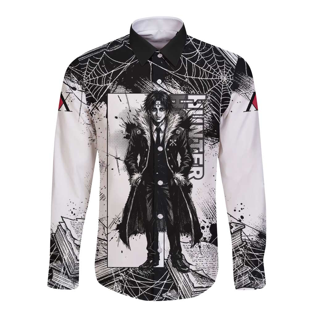 Chrollo Lucilfer Gothic Style Long Sleeve Button Shirt with Spider Webs, Grimoire Illustration and Monochrome Design - The Mazicc