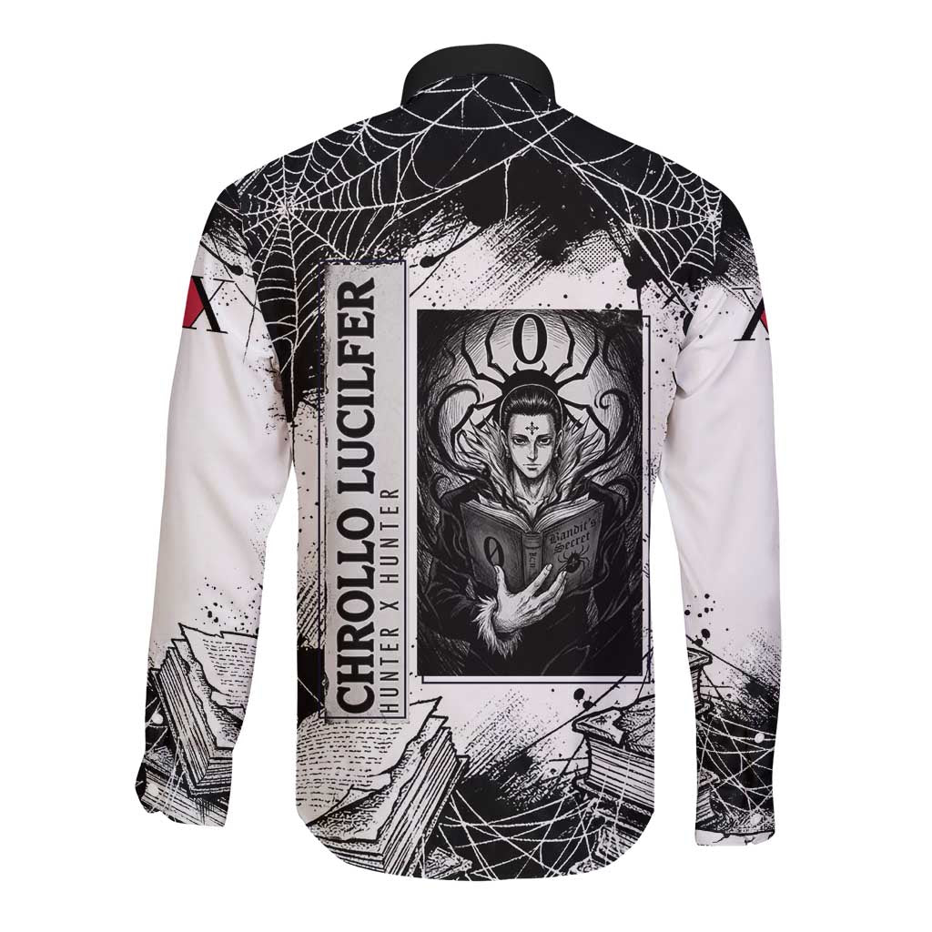 Chrollo Lucilfer Gothic Style Long Sleeve Button Shirt with Spider Webs, Grimoire Illustration and Monochrome Design - The Mazicc
