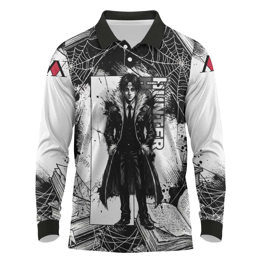 Chrollo Lucilfer Gothic Style Long Sleeve Polo Shirt with Spider Webs, Grimoire Illustration and Monochrome Design - The Mazicc