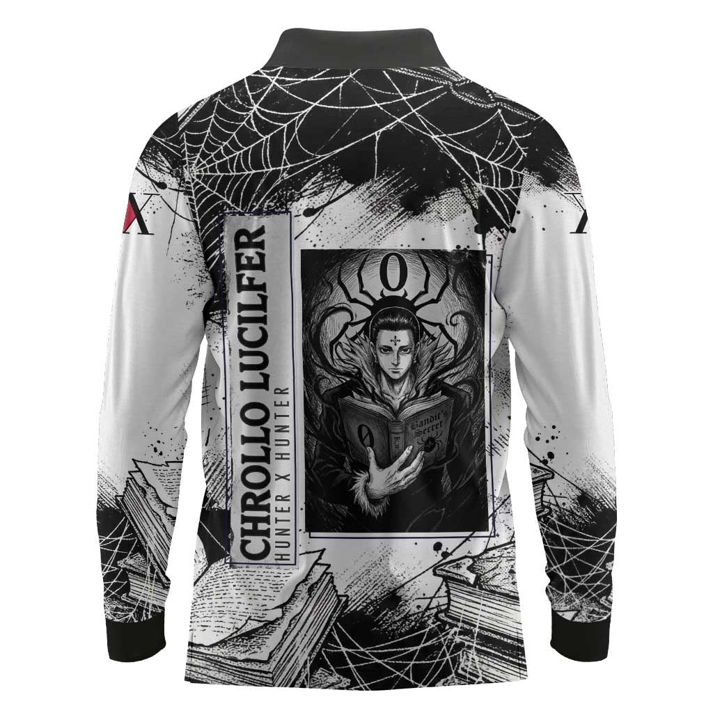 Chrollo Lucilfer Gothic Style Long Sleeve Polo Shirt with Spider Webs, Grimoire Illustration and Monochrome Design - The Mazicc