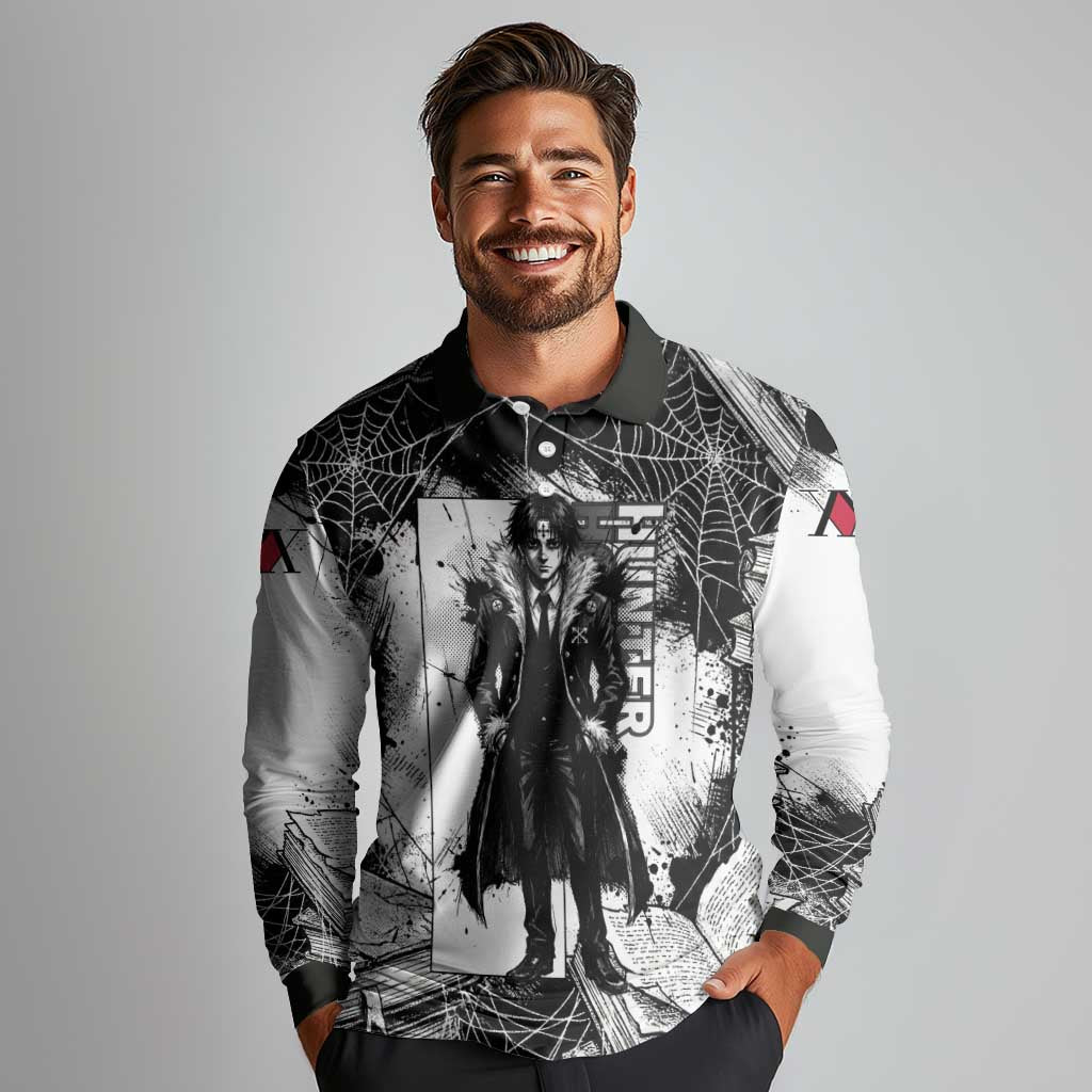 Chrollo Lucilfer Gothic Style Long Sleeve Polo Shirt with Spider Webs, Grimoire Illustration and Monochrome Design - The Mazicc