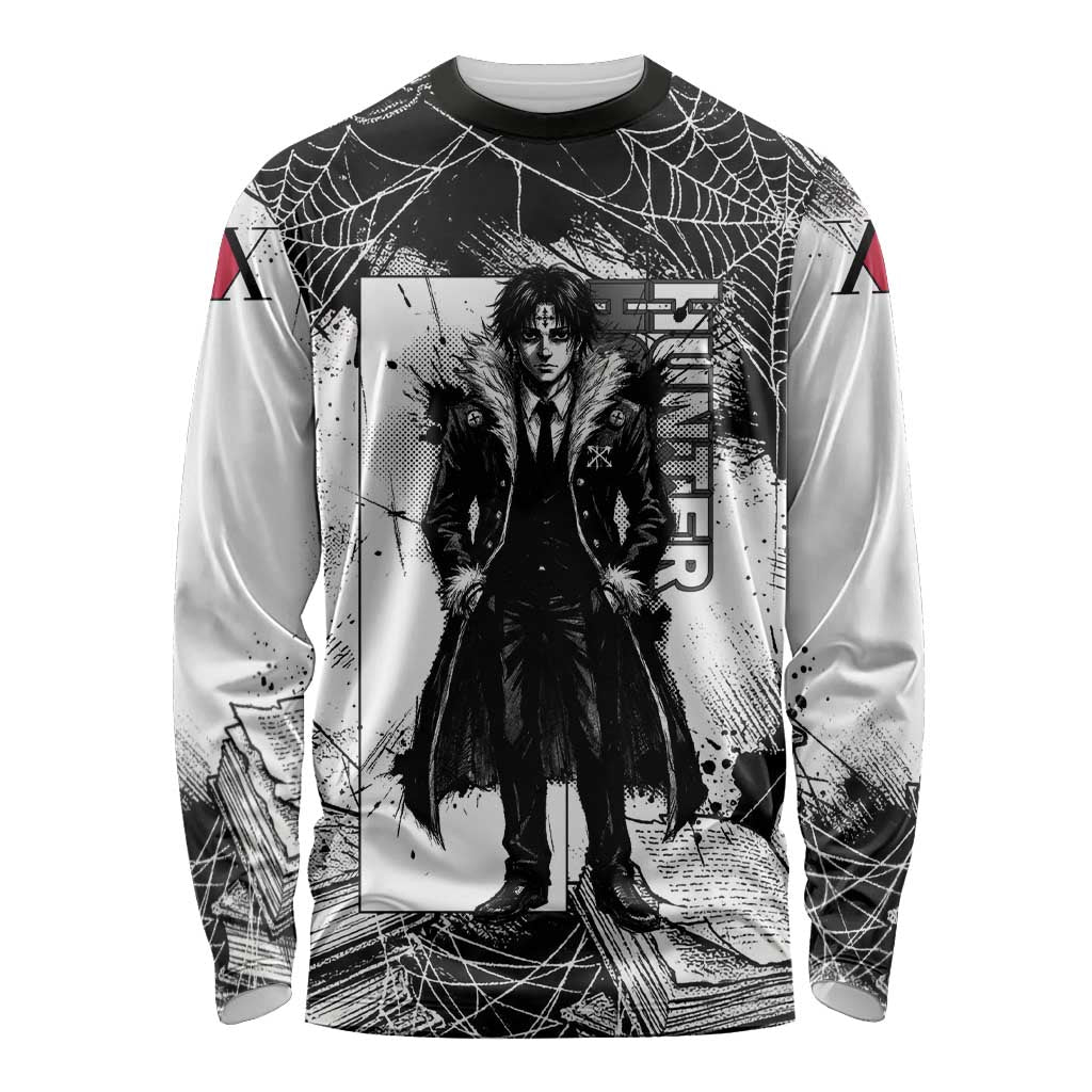 Chrollo Lucilfer Gothic Style Long Sleeve Shirt with Spider Webs, Grimoire Illustration and Monochrome Design - The Mazicc