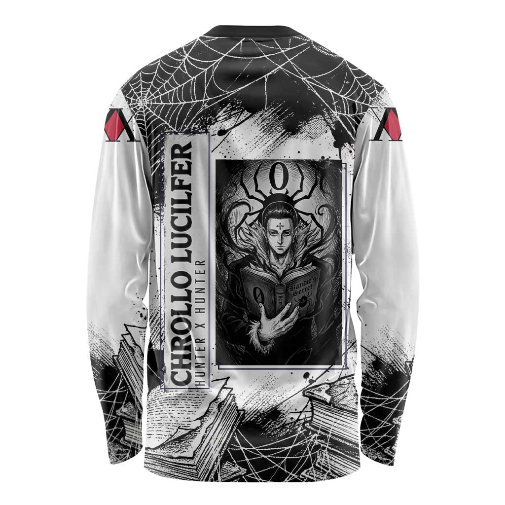 Chrollo Lucilfer Gothic Style Long Sleeve Shirt with Spider Webs, Grimoire Illustration and Monochrome Design - The Mazicc
