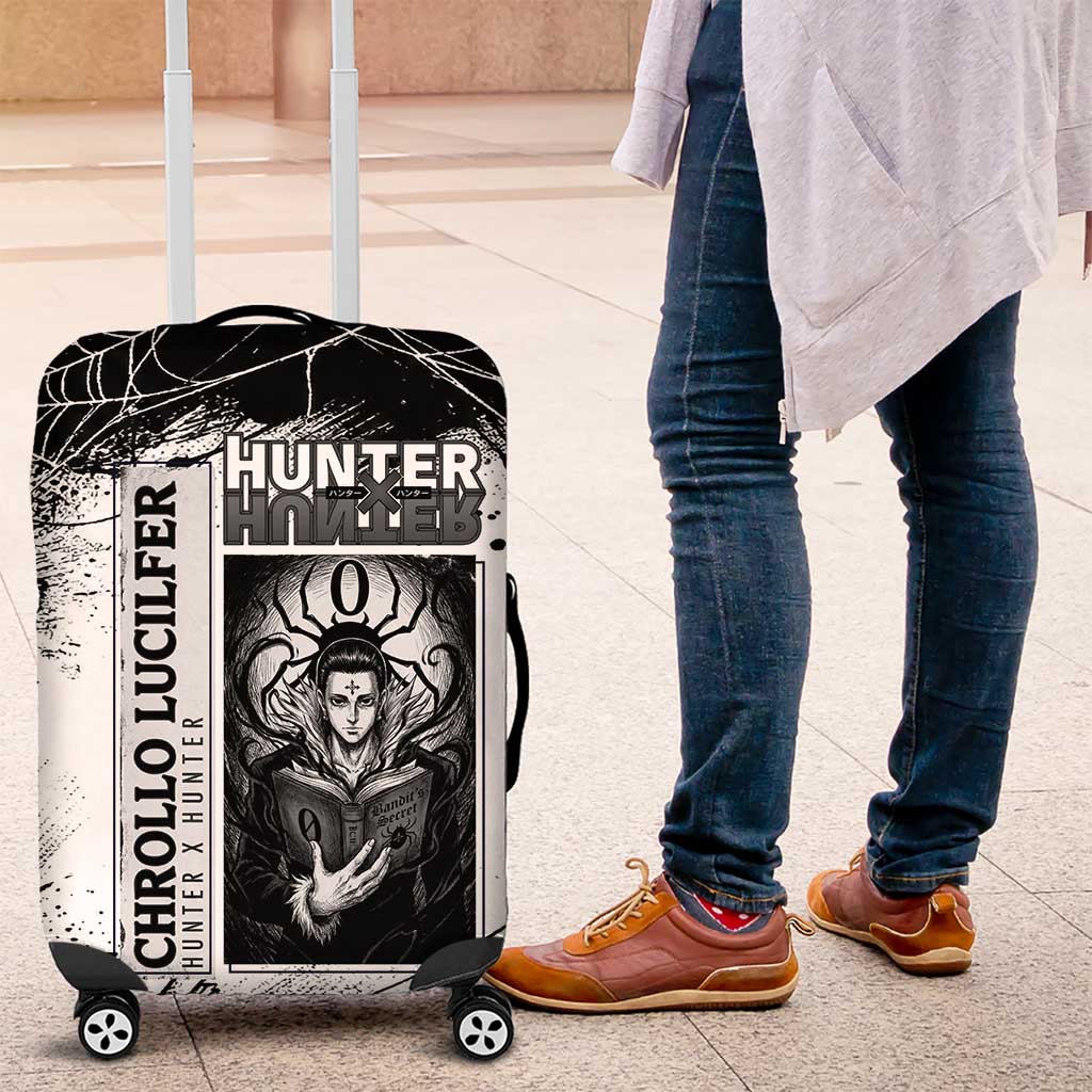 Chrollo Lucilfer Gothic Style Luggage Cover with Spider Webs, Grimoire Illustration and Monochrome Design - The Mazicc