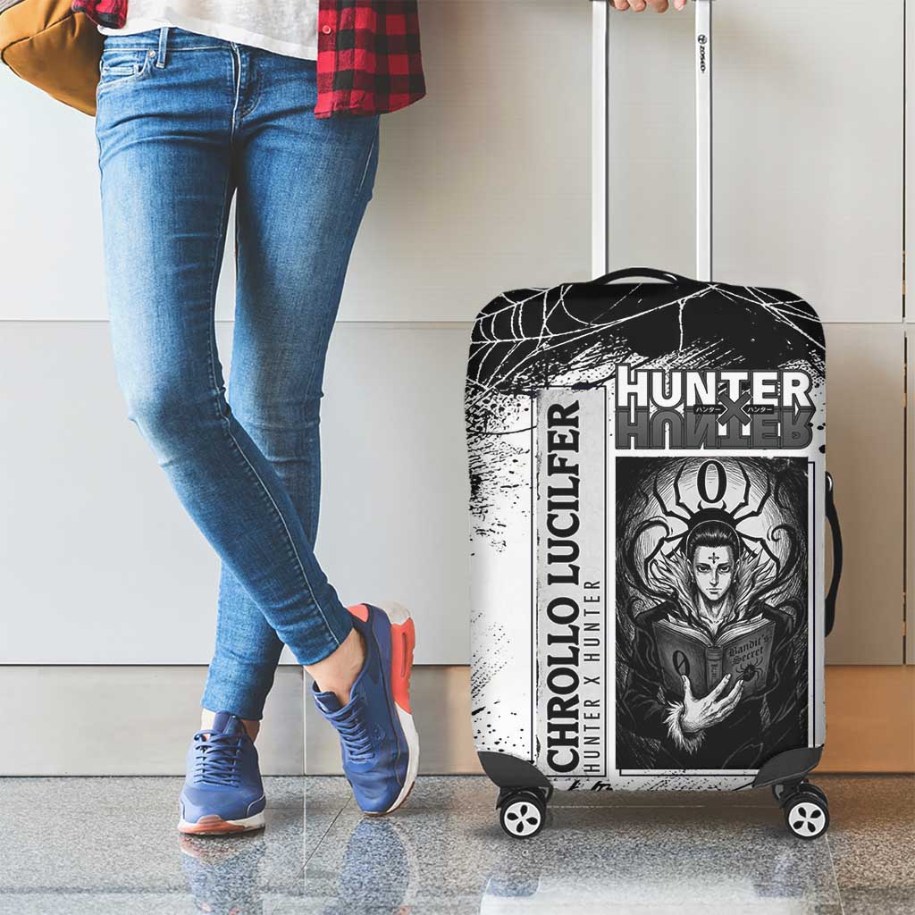 Chrollo Lucilfer Gothic Style Luggage Cover with Spider Webs, Grimoire Illustration and Monochrome Design - The Mazicc