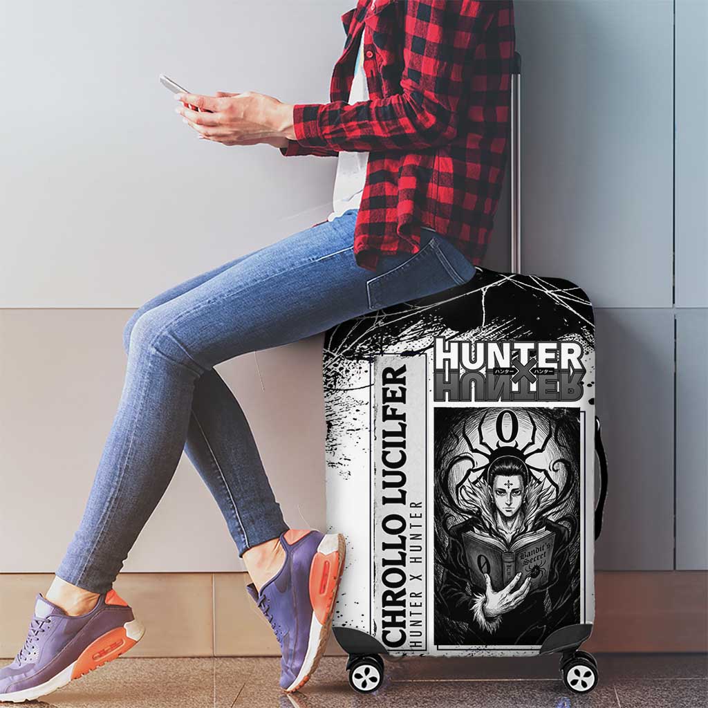Chrollo Lucilfer Gothic Style Luggage Cover with Spider Webs, Grimoire Illustration and Monochrome Design - The Mazicc