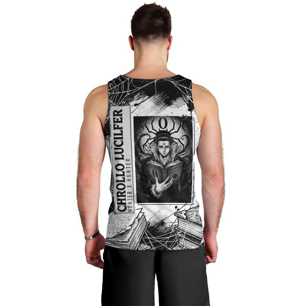 Chrollo Lucilfer Gothic Style Men Tank Top with Spider Webs, Grimoire Illustration and Monochrome Design - The Mazicc