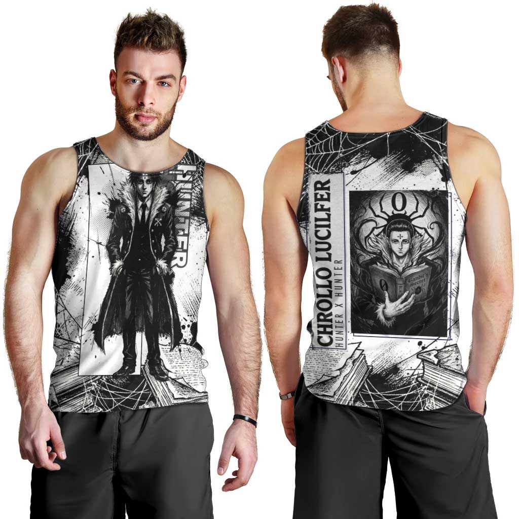 Chrollo Lucilfer Gothic Style Men Tank Top with Spider Webs, Grimoire Illustration and Monochrome Design - The Mazicc