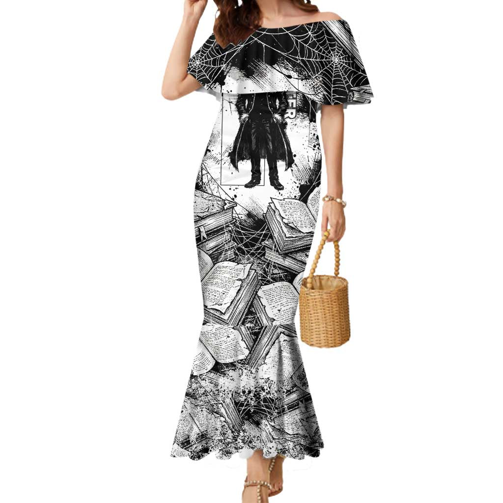Chrollo Lucilfer Gothic Style Mermaid Dress with Spider Webs, Grimoire Illustration and Monochrome Design - The Mazicc