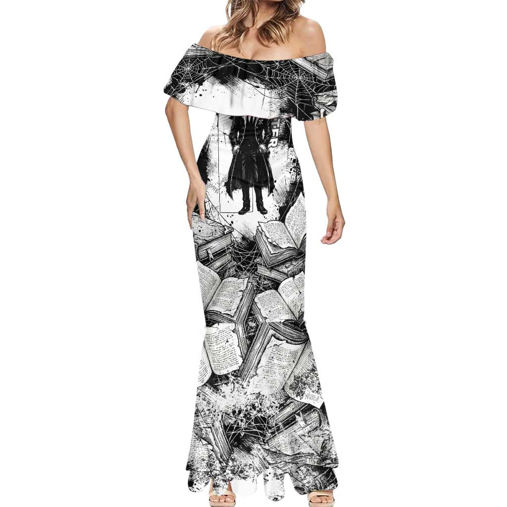 Chrollo Lucilfer Gothic Style Mermaid Dress with Spider Webs, Grimoire Illustration and Monochrome Design - The Mazicc