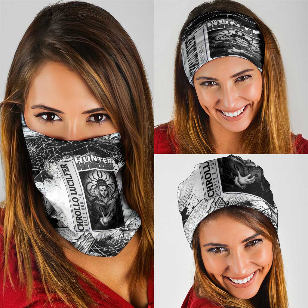 Chrollo Lucilfer Gothic Style Neck Gaiter with Spider Webs, Grimoire Illustration and Monochrome Design - The Mazicc