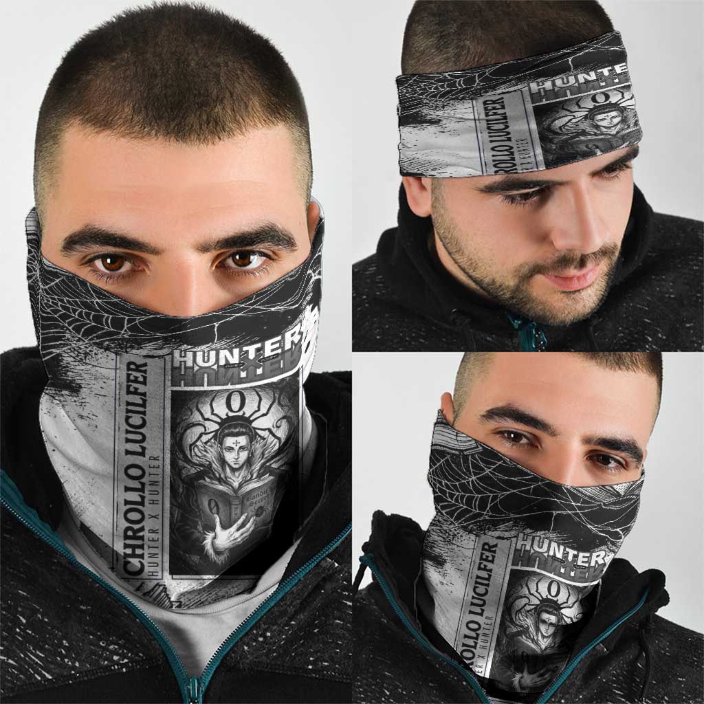 Chrollo Lucilfer Gothic Style Neck Gaiter with Spider Webs, Grimoire Illustration and Monochrome Design - The Mazicc