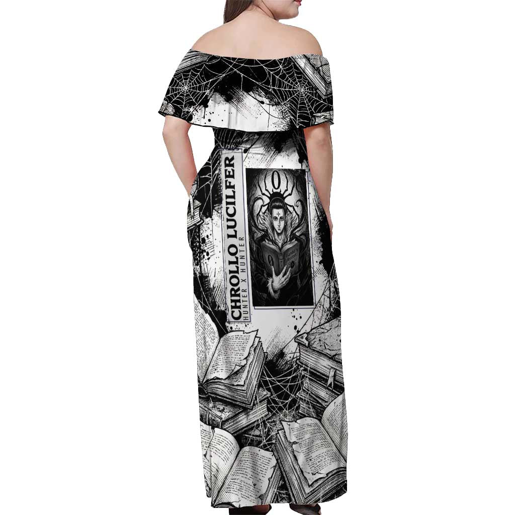 Chrollo Lucilfer Gothic Style Off Shoulder Maxi Dress with Spider Webs, Grimoire Illustration and Monochrome Design - The Mazicc
